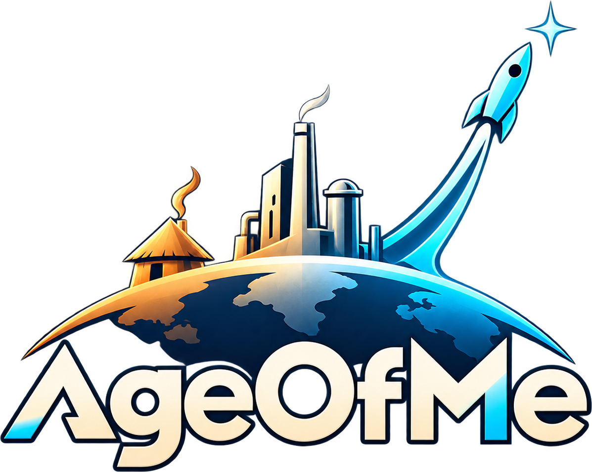 AgeOfMe logo: a settlement, industry, and a rocket above a curved planetary horizon.